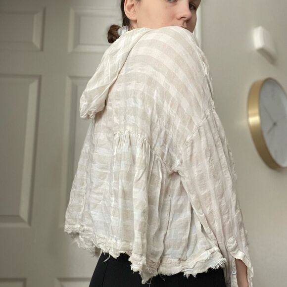 Free People Striped Hooded Flowy Button Down Shirt Sz Medium Raw Hem Neutral - Picture 1 of 5